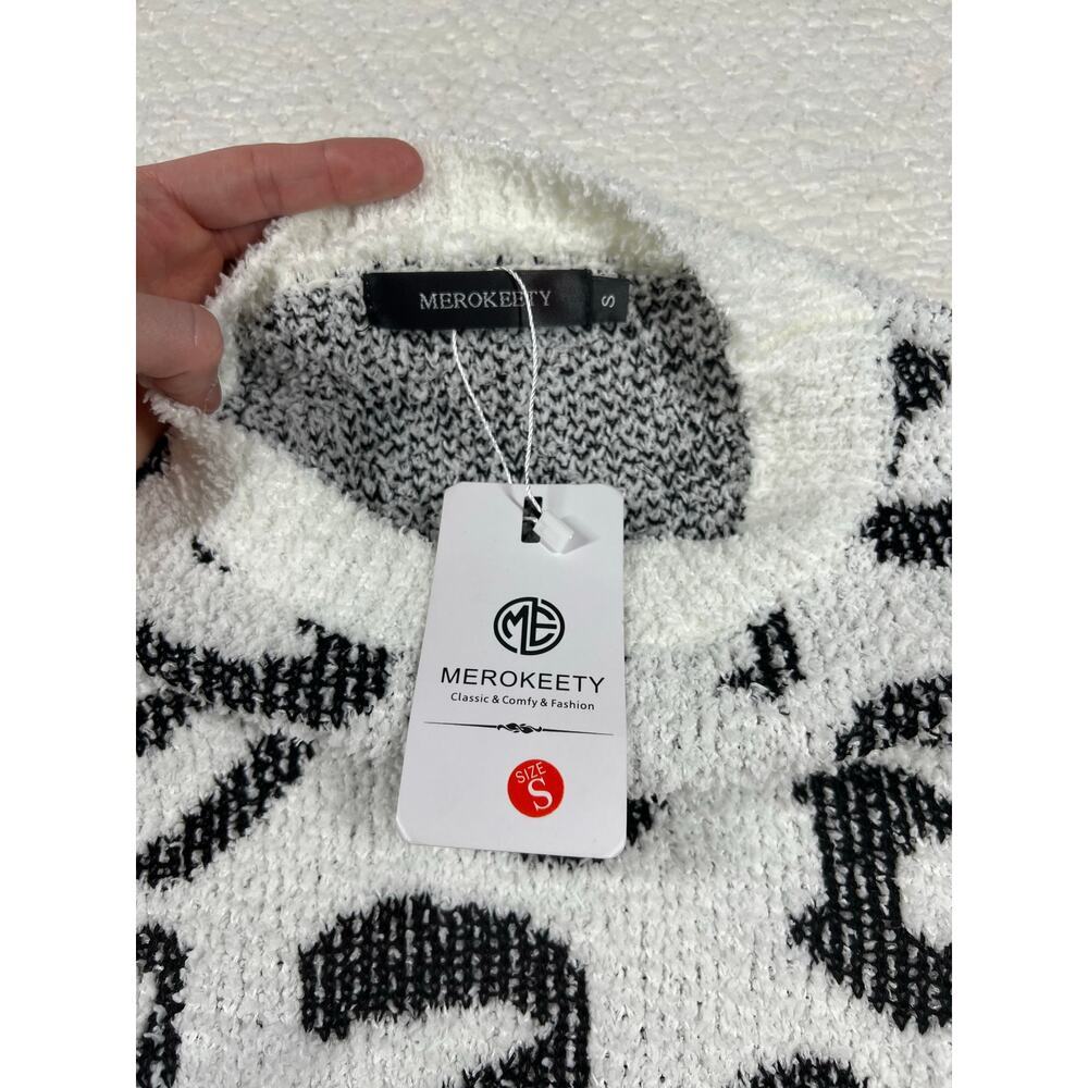 MEROKEETY Black & White Leopard Print Chunky Knit Sweater | Size S | NWT - Picture 4 of 7